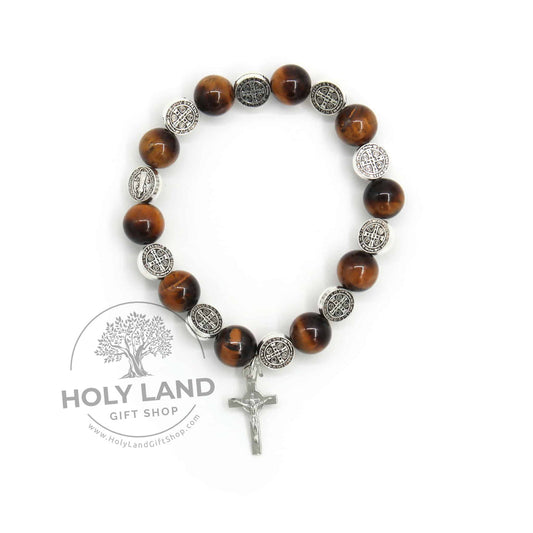 Pulsera rosario de piedra bíblica natural de ojo de tigre y calcedonia