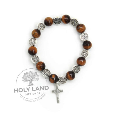 Pulsera rosario de piedra bíblica natural de ojo de tigre y calcedonia