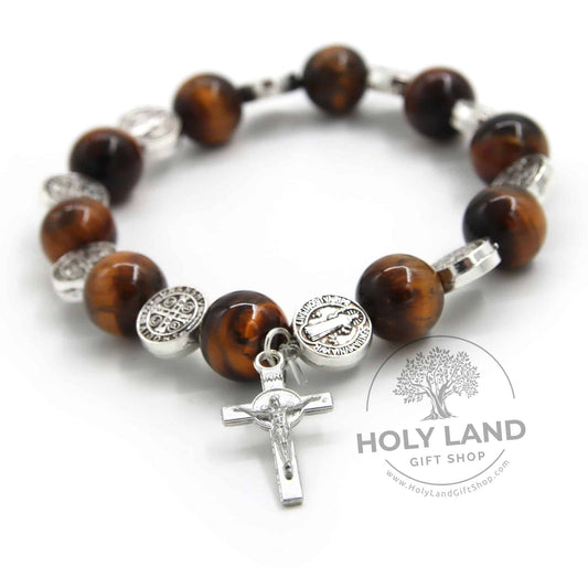 Pulsera rosario de piedra bíblica natural de ojo de tigre y calcedonia