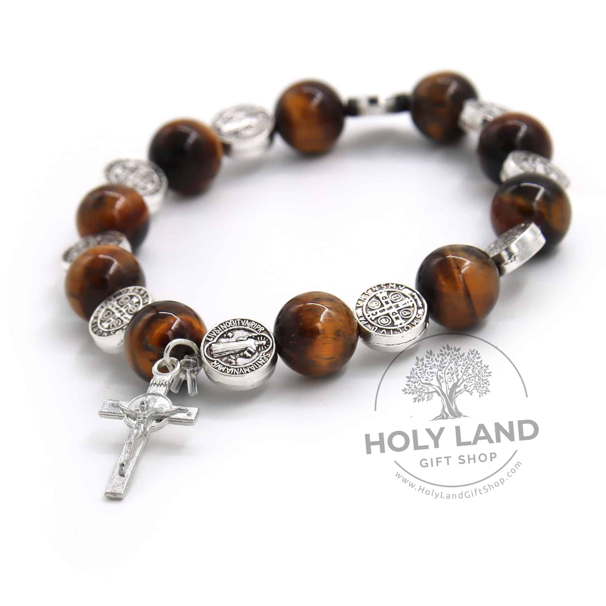 Pulsera rosario de piedra bíblica natural de ojo de tigre y calcedonia