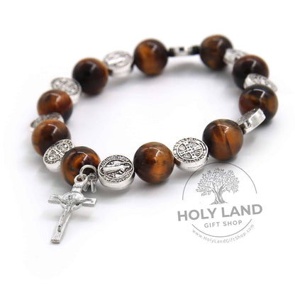Pulsera rosario de piedra bíblica natural de ojo de tigre y calcedonia